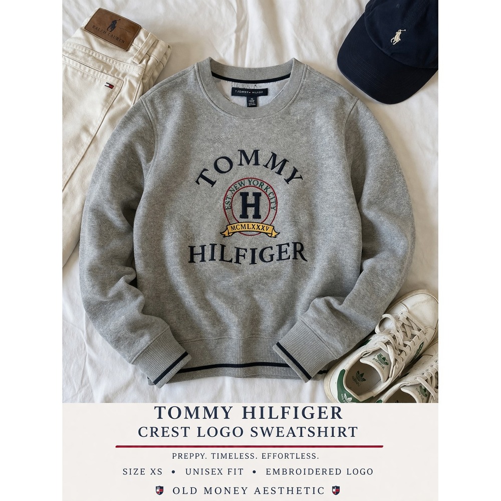 Tommy Hilfiger Crest Logo Sweatshirt Gray Spellout XS Preppy